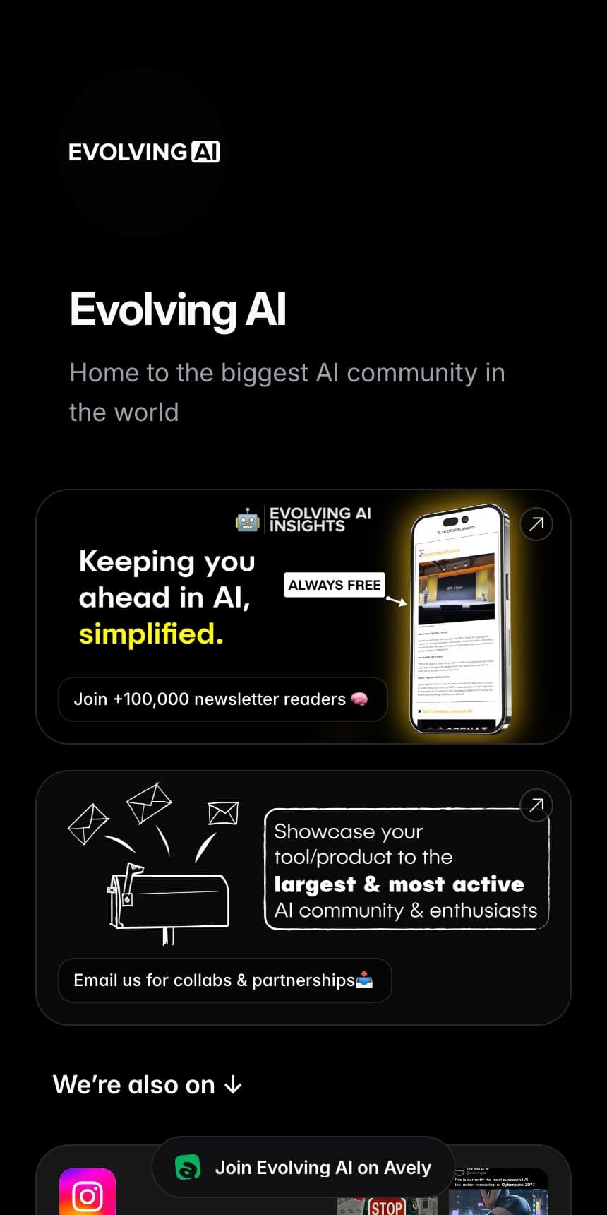 A dark visual Avely profile for Evolving AI