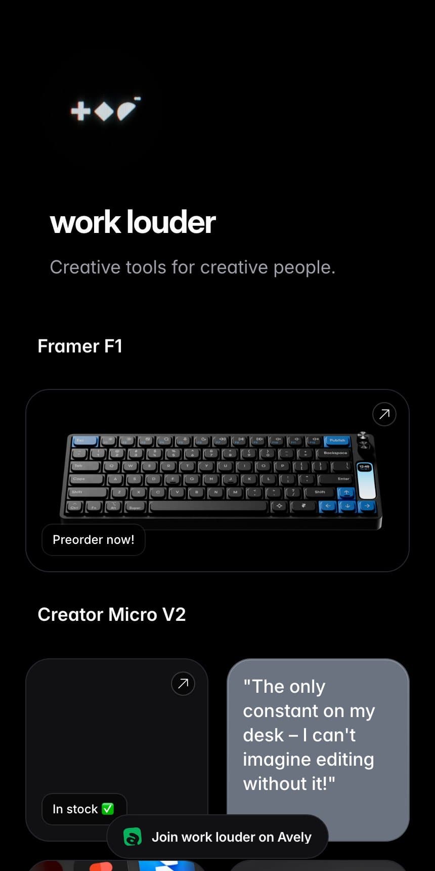 Work Louder visual creator page on Avely